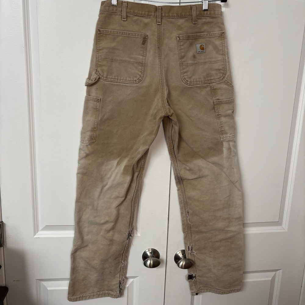 Vintage Carhartt Original Dungaree Fit Pants Mens Tan Flannel Lined Distressed - Picture 3 of 15